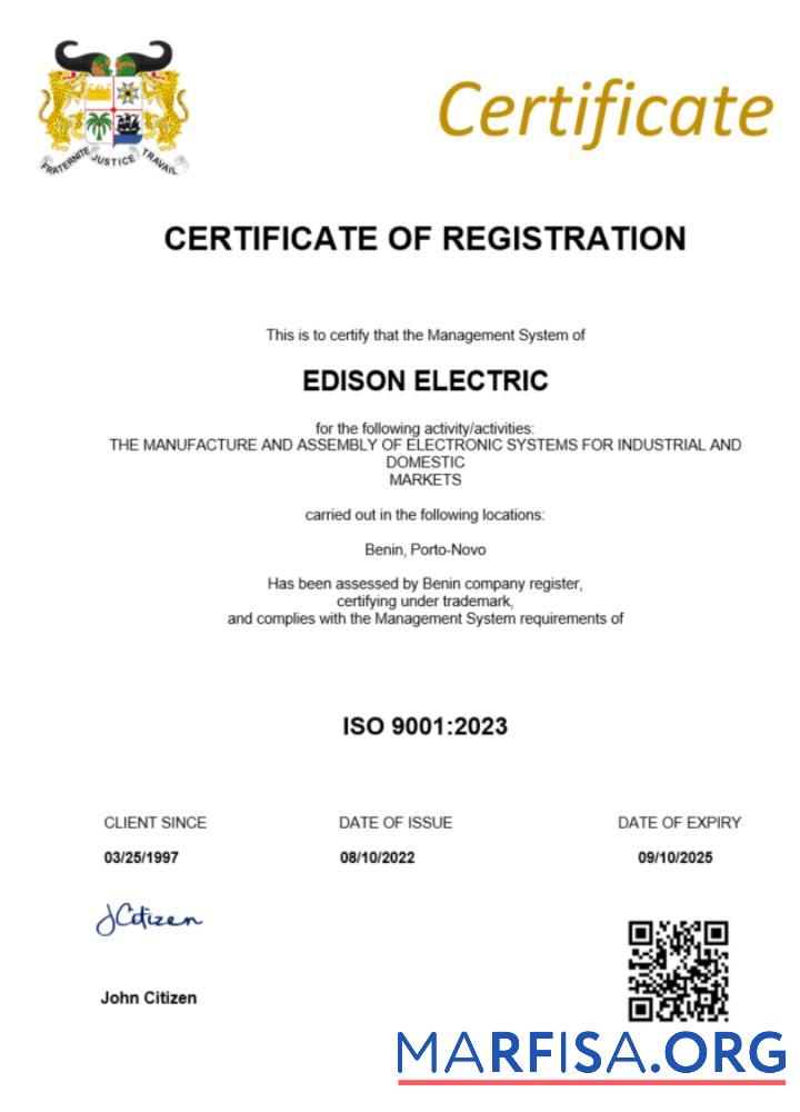 Printable Benin certificate of registration Word and PDF template